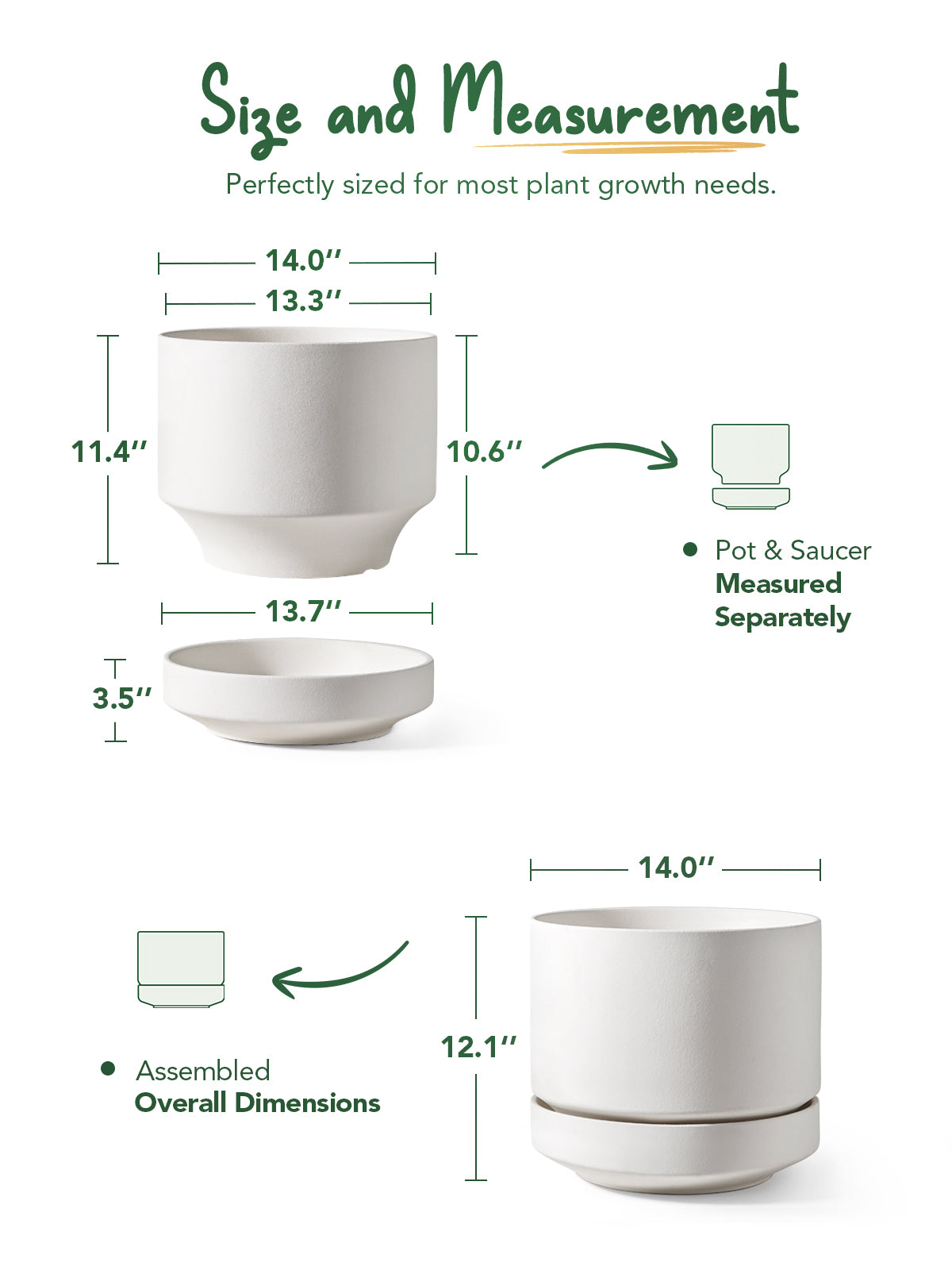 BEMAY 14" White Ceramic Plant Pot with Drainage & Saucer, Large Indoor Plant Pot for Floor Plants, Modern Minimalist Planter Pot