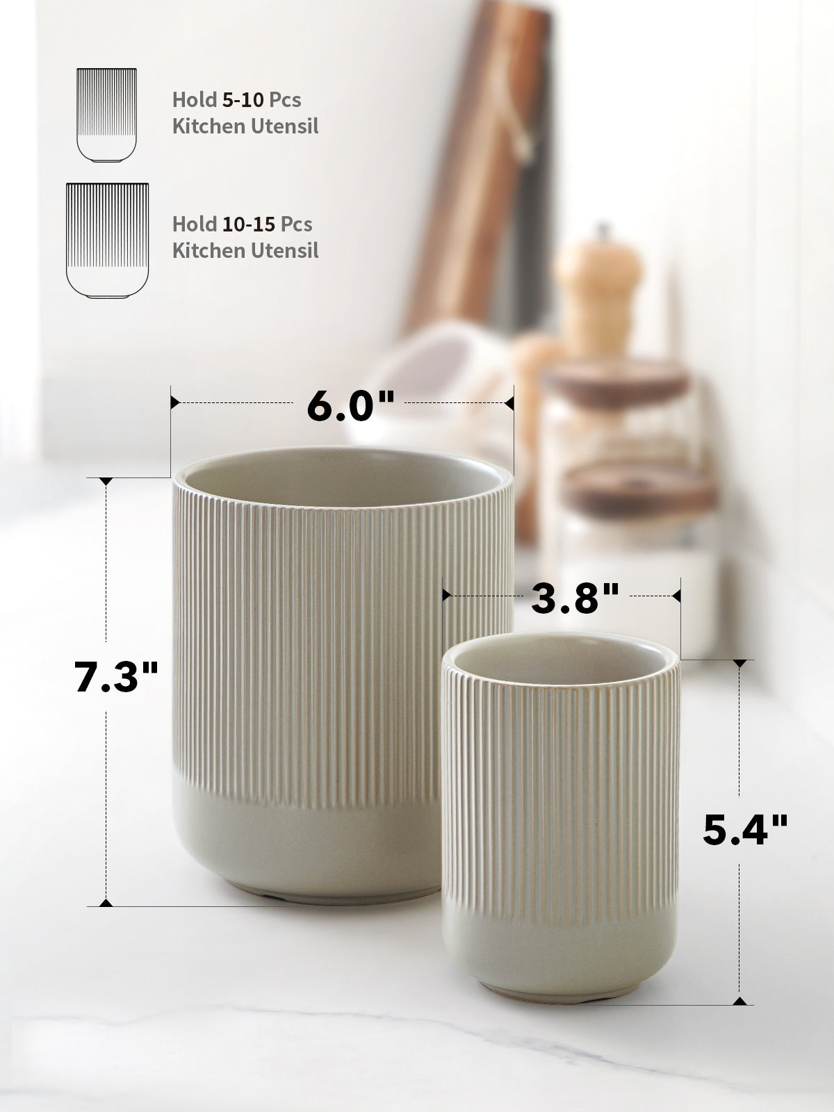 2-Pack Utensil Holders, 7.3"+5.4" Ceramic Crocks for Kitchen, Cooking Organizer & Plant Pots, Oatmeal Gray Kitchen Organizer
