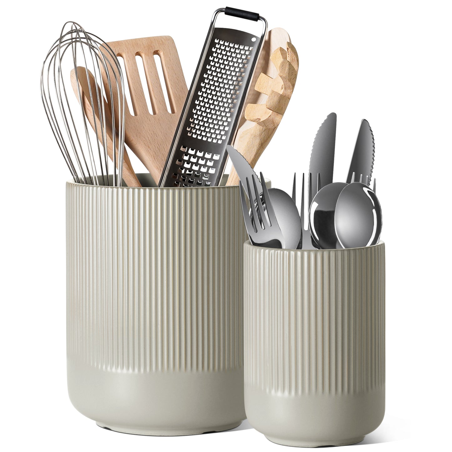 2-Pack Utensil Holders, 7.3"+5.4" Ceramic Crocks for Kitchen, Cooking Organizer & Plant Pots, Oatmeal Gray Kitchen Organizer