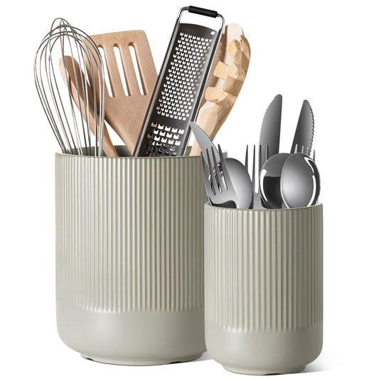 2-Pack Utensil Holders, 7.3"+5.4" Ceramic Crocks for Kitchen, Cooking Organizer & Plant Pots, Oatmeal Gray Kitchen Organizer