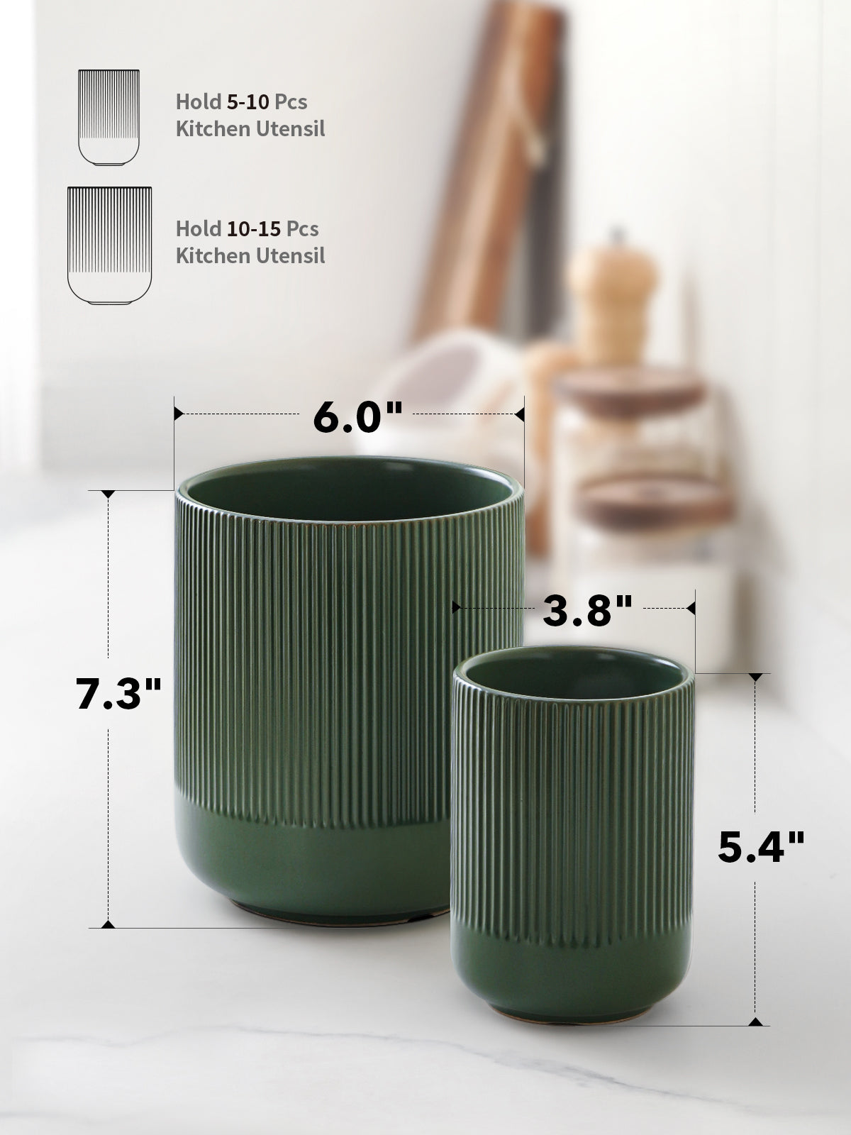 2-Pack Kitchen Utensil Holders, 7.3"+5.4" Ceramic Crocks for Kitchen, Cooking Organizer & Plant Pots, Forest Green Utensil Holder
