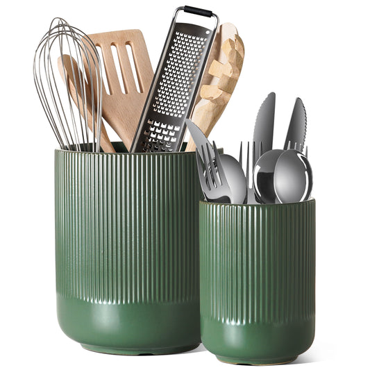 2-Pack Kitchen Utensil Holders, 7.3"+5.4" Ceramic Crocks for Kitchen, Cooking Organizer & Plant Pots, Forest Green Utensil Holder