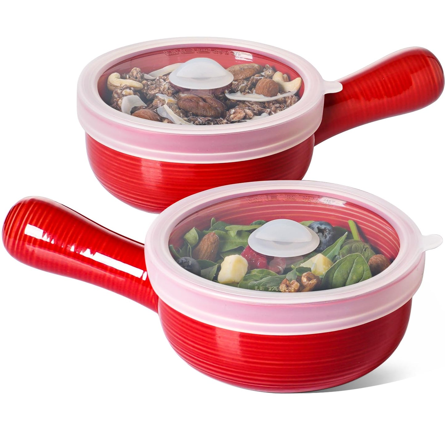 Red Ceramic Soup Bowls with Handles and Lids, 15 oz French Onion Soup Bowls Set of 2, Oven Safe Soup Crocks for Cereal, Chili, Stew and Leftovers