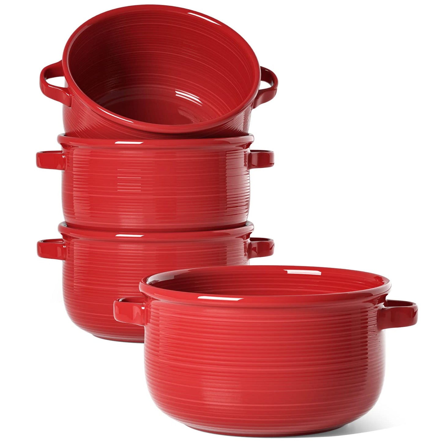 LE TAUCI 28 oz Ceramic Soup Bowls Set of 4, Red Oven Safe Bowls with Handles for French Onion Soup, Chili, Cereal and Baking