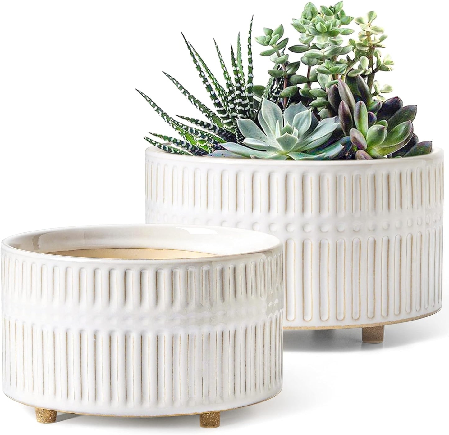 Succulent Pots, 6.5+8 Inch Ceramic Indoor Plant Pot with Drainage Hole, Modern Round Decorative Flower Pot, Gifts for Mom, Set of 2, Reactive Glaze White