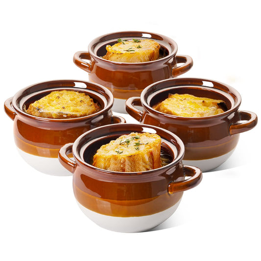 22 oz French Onion Soup Crocks with Handles, Ceramic Soup Bowls for Soup, Chili, Beef Stew, Set of 4, Oven & Broil Safe Bowls