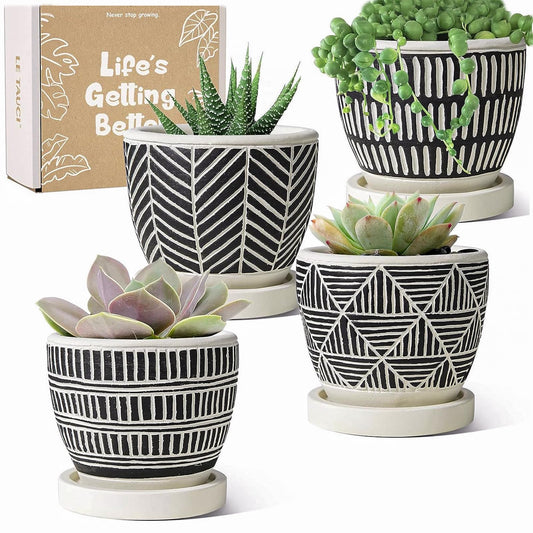 LE TAUCI Set of 4 Plant Pots, 3.5" Succulent Pots with Drainage Hole & Saucer, Boho Style Indoor Plant Pots for Plants Cactus