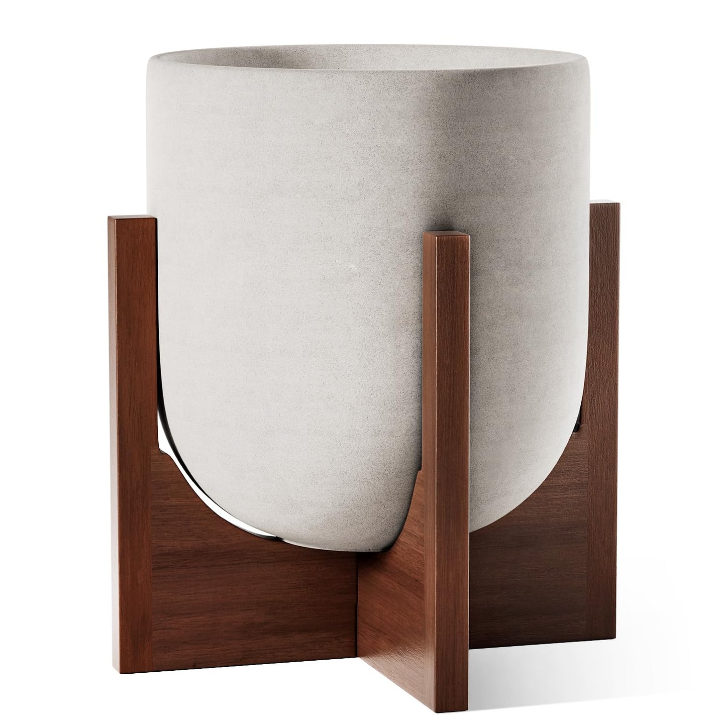 BEMAY 12 Inch Large Ceramic Planter with Wooden Stand, Indoor Modern Plant Pot with Drainage Hole, Mesh Pad & Silicone Plug, Floor Standing Flower Pot for Living Room, Bedroom, Entryway