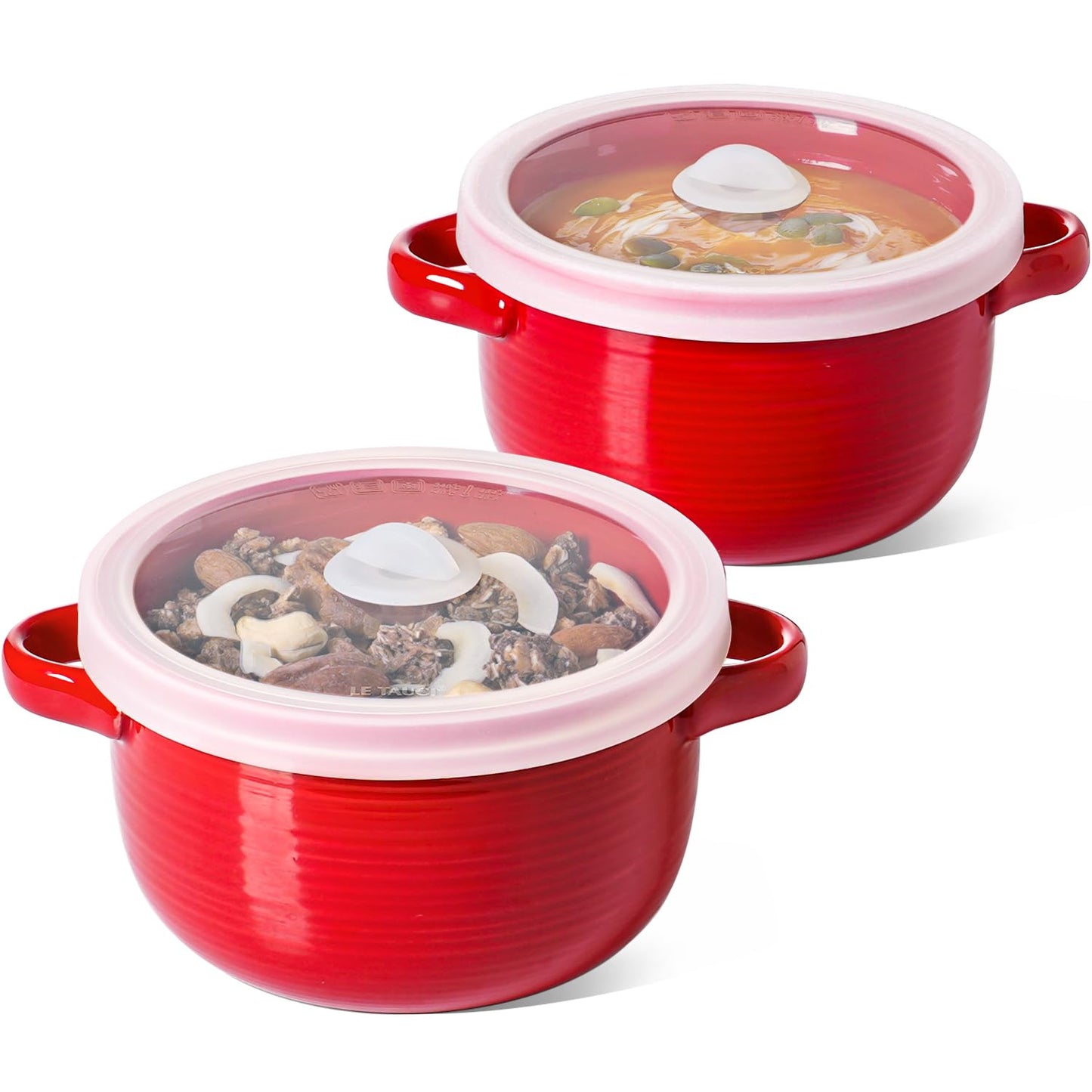 Red Ceramic Soup Bowls with Lids and Handles, 28 oz French Onion Soup Bowls Set of 2, Microwave Safe Bowls for Cereal, Chili, Stew and Leftovers