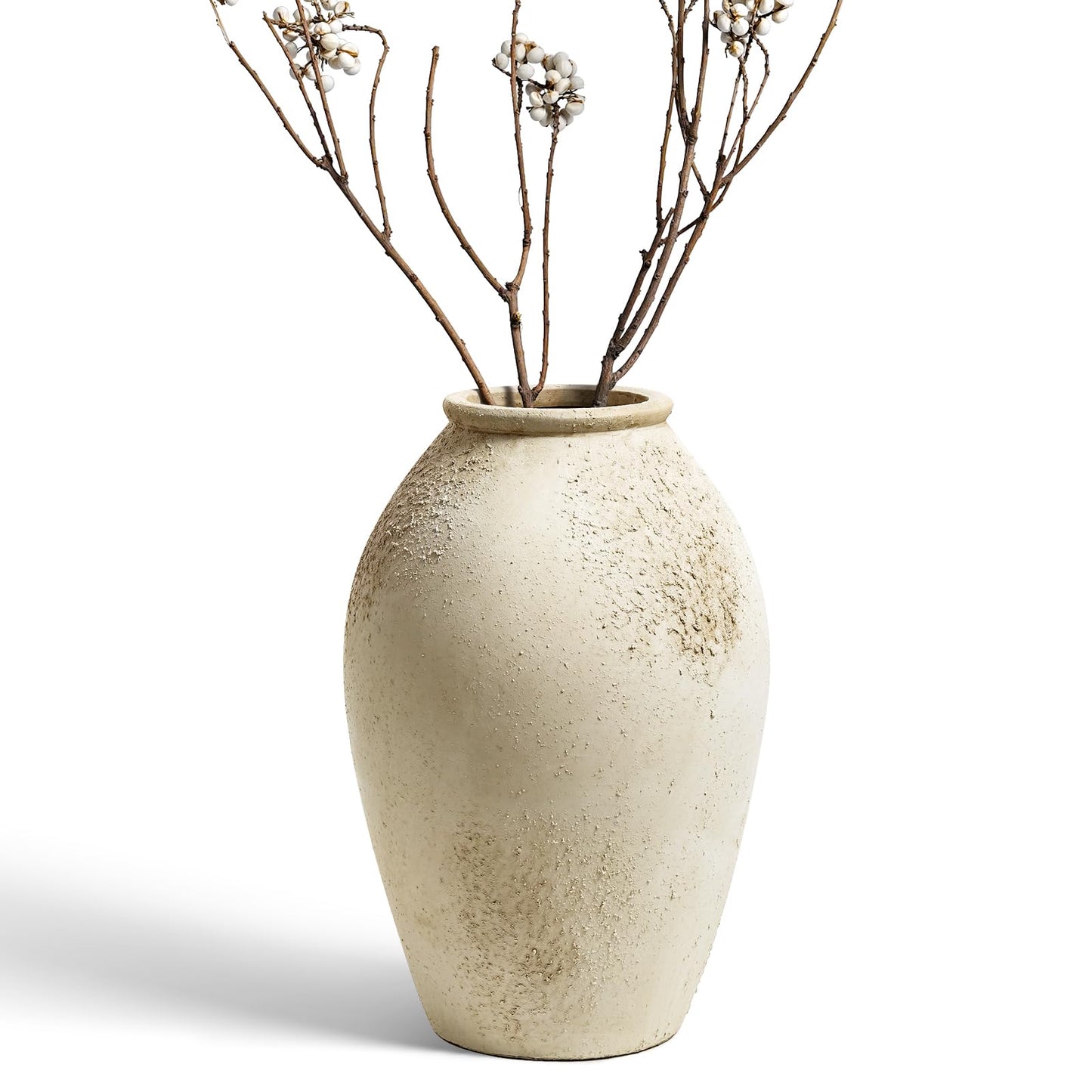 11.5 Inch Ceramic Vase, Decorative Flower Vase for Home Decor, Rustic Cream Beige Tabletop Vase for Living Room, Shelf, Mantel and Entryway