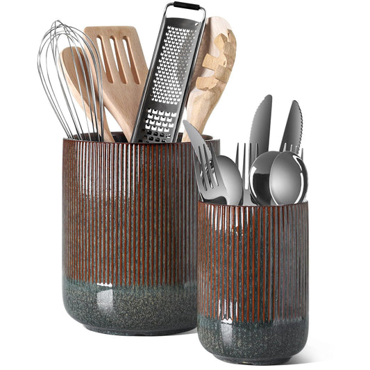 LE TAUCI 7.3"+5.4" Ceramic Crocks for Kitchen, Cooking Organizer & Plant Pots,Set of 2 Utensil Holder