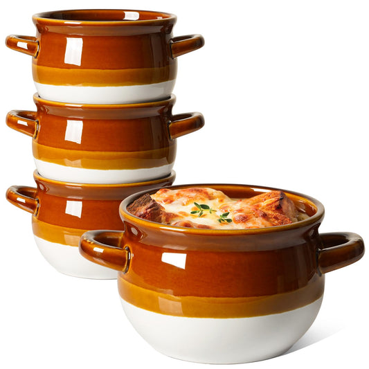 16 oz Ceramic French Onion Soup Bowls with Handles, Ceramic Soup Crock for Soup, Chili, Beef Stew, Cereal, Pot Pies, Set of 4 Serving Bowls