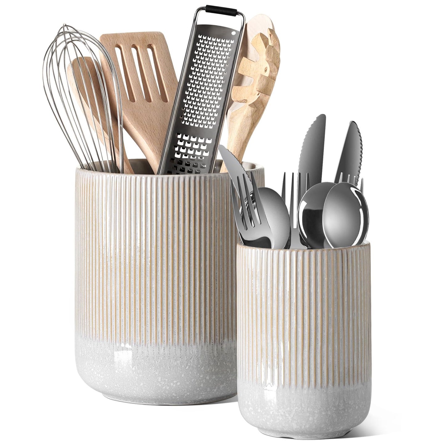 Set of 2 Utensil Holder, 7.3"+5.4" Ceramic Crocks for Kitchen, Cooking Organizer & Plant Pots
