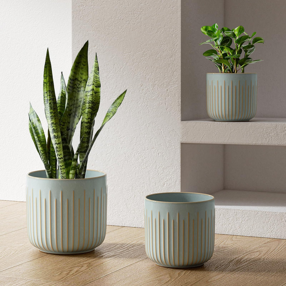 BEMAY Ceramic Plant Pots, Set of 3 Indoor Planters with Drainage Holes for Snake Plant and Pothos Flower Pots, Mist Gray Pot for Plant
