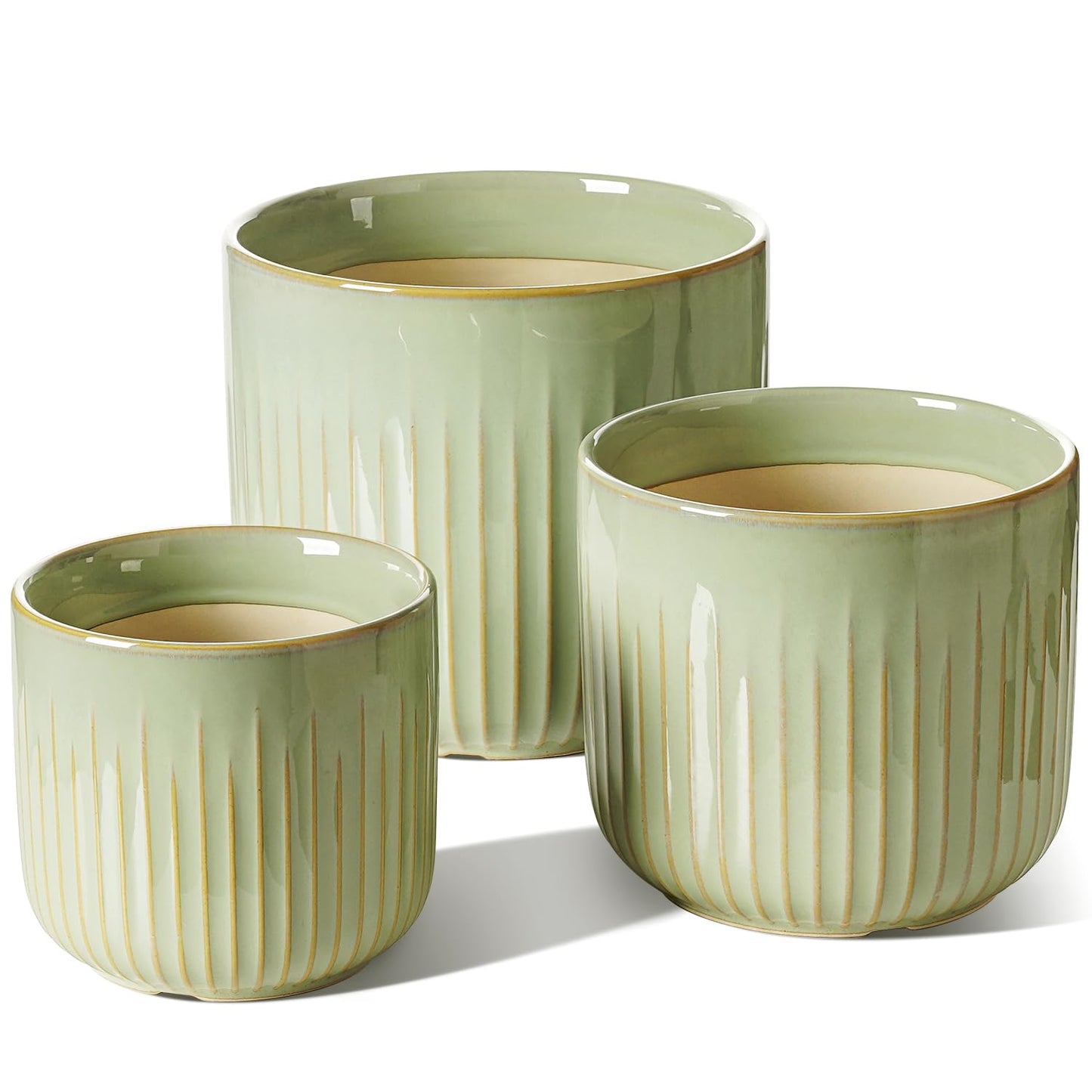 BEMAY Set of 3 Ceramic Plant Pots, 5.7 in, 6.9 in, 8.3 in Indoor Planters with Drainage Holes, Mesh Pads and Silicone Plugs, Sage Green