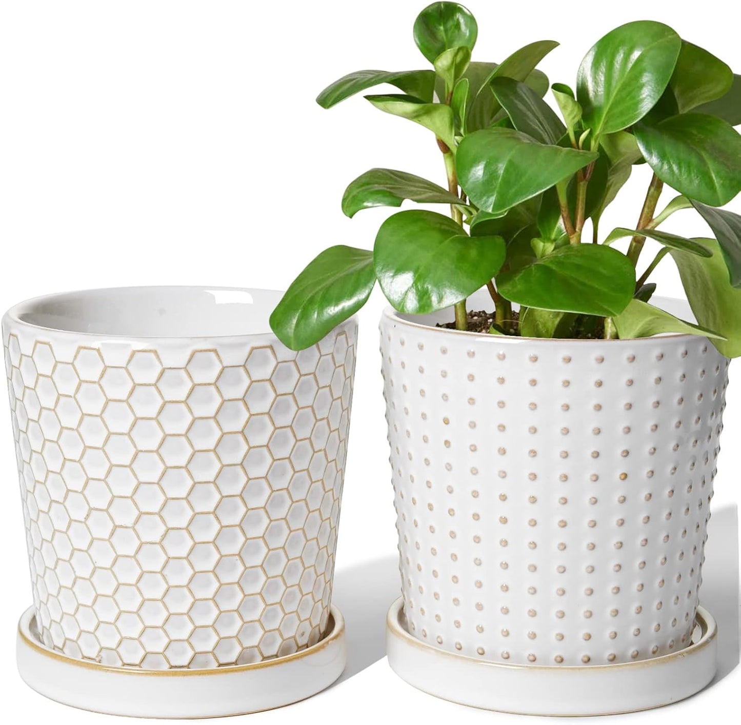BEMAY Plant Pots, 5.5" Ceramic Flower Pots with Drainage Hole & Saucer, Pack of 2 Plant Pots,White