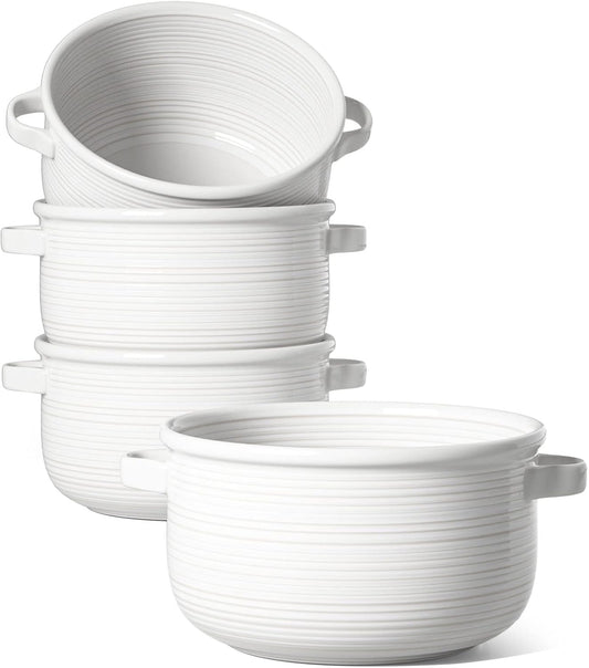 28 OZ Ceramic Soup Bowls with Handles, French Onion Soup Bowls for Soup,Stackable Serving Bowls, Oven Microwave Dishwasher Safe, Set of 4, White