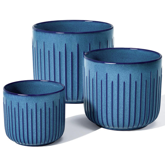BEMAY Ceramic Planters, Set of 3 Plant Pots for Indoor Plants, 8.3+6.9+5.7 inch Flower Pots with Drainage Holes, Medium Cylinder Planters Pot for Indoor House Plants,Glaze Ocean Blue