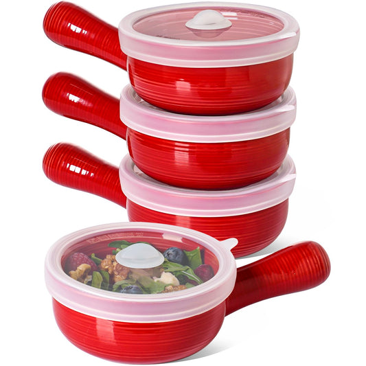 15oz Ceramic French Onion Soup Bowls with Handles, Oven Safe Soup Crocks, Set of 2, Microwave & Dishwasher Safe, for Serving Soup, Chili, Stew,Red
