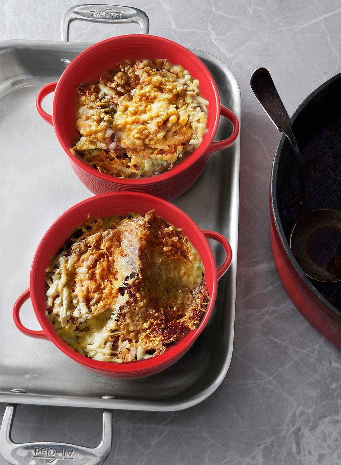 LE TAUCI 28 oz Ceramic Soup Bowls Set of 4, Red Oven Safe Bowls with Handles for French Onion Soup, Chili, Cereal and Baking