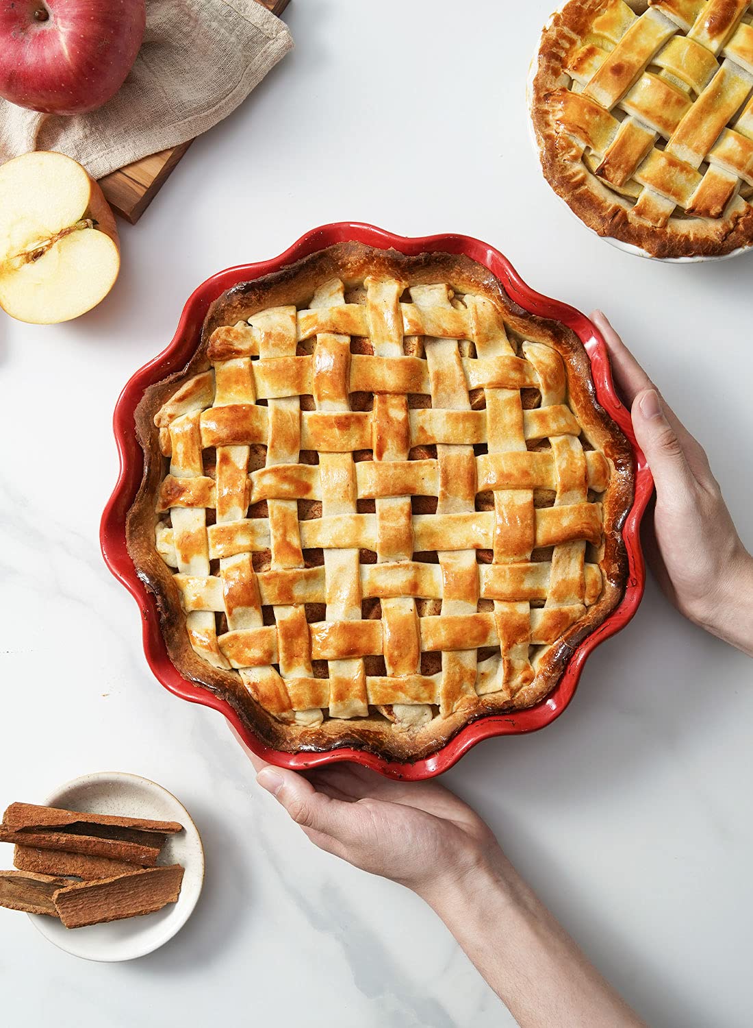 LE TAUCI Red Ceramic Pie Pans for Baking, Set of 2, 11 Inch Ruffled Deep Dish Pie Plates, Holiday Bakeware for Apple Pie, Tart and Quiche