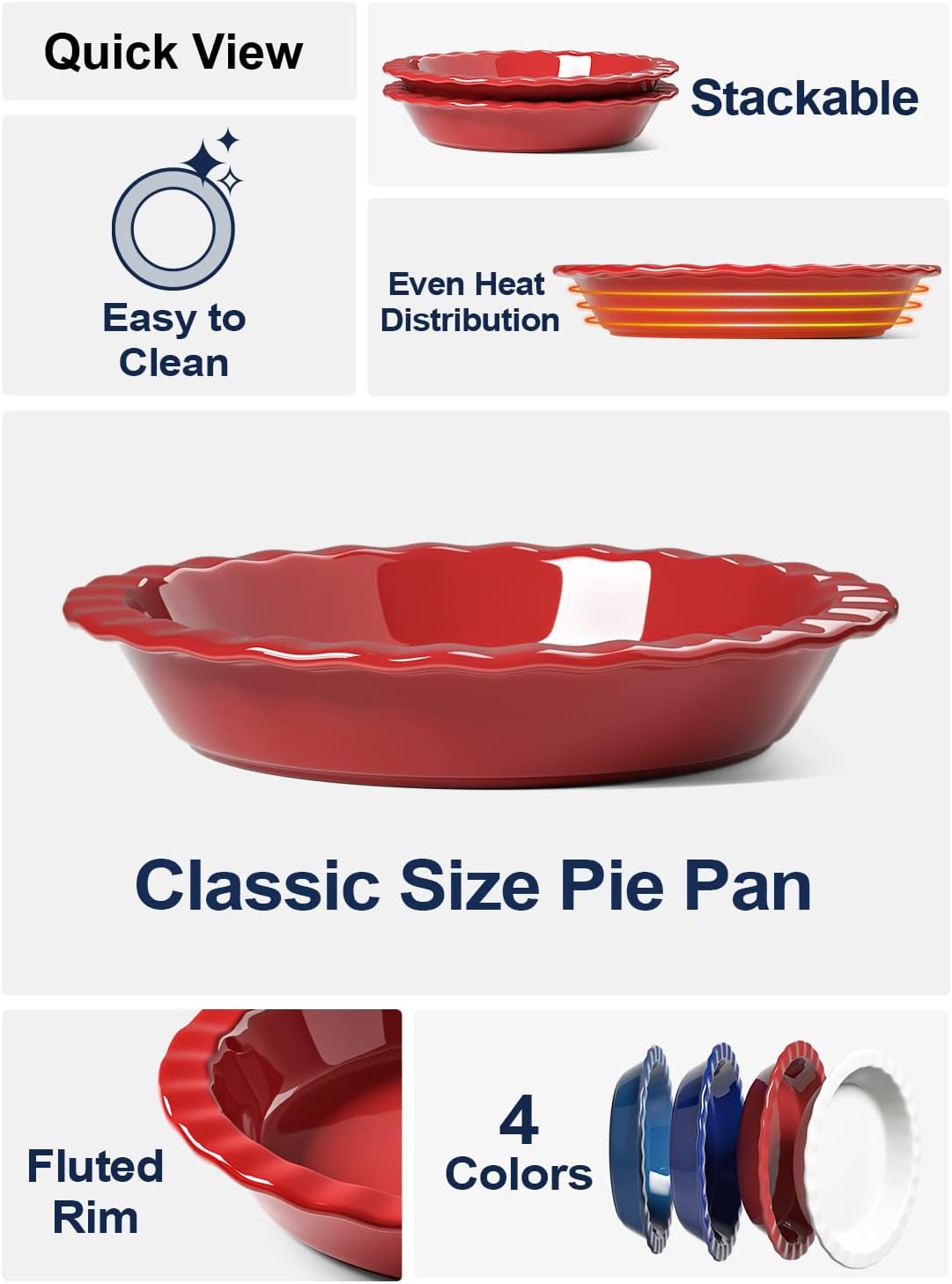 Ceramic Pie Pans for Baking, 9 Inches Pie Plate for Apple Pie, Pecan Pie, 36 Ounce Deep Dish Pie Pan, Set of 2, Red
