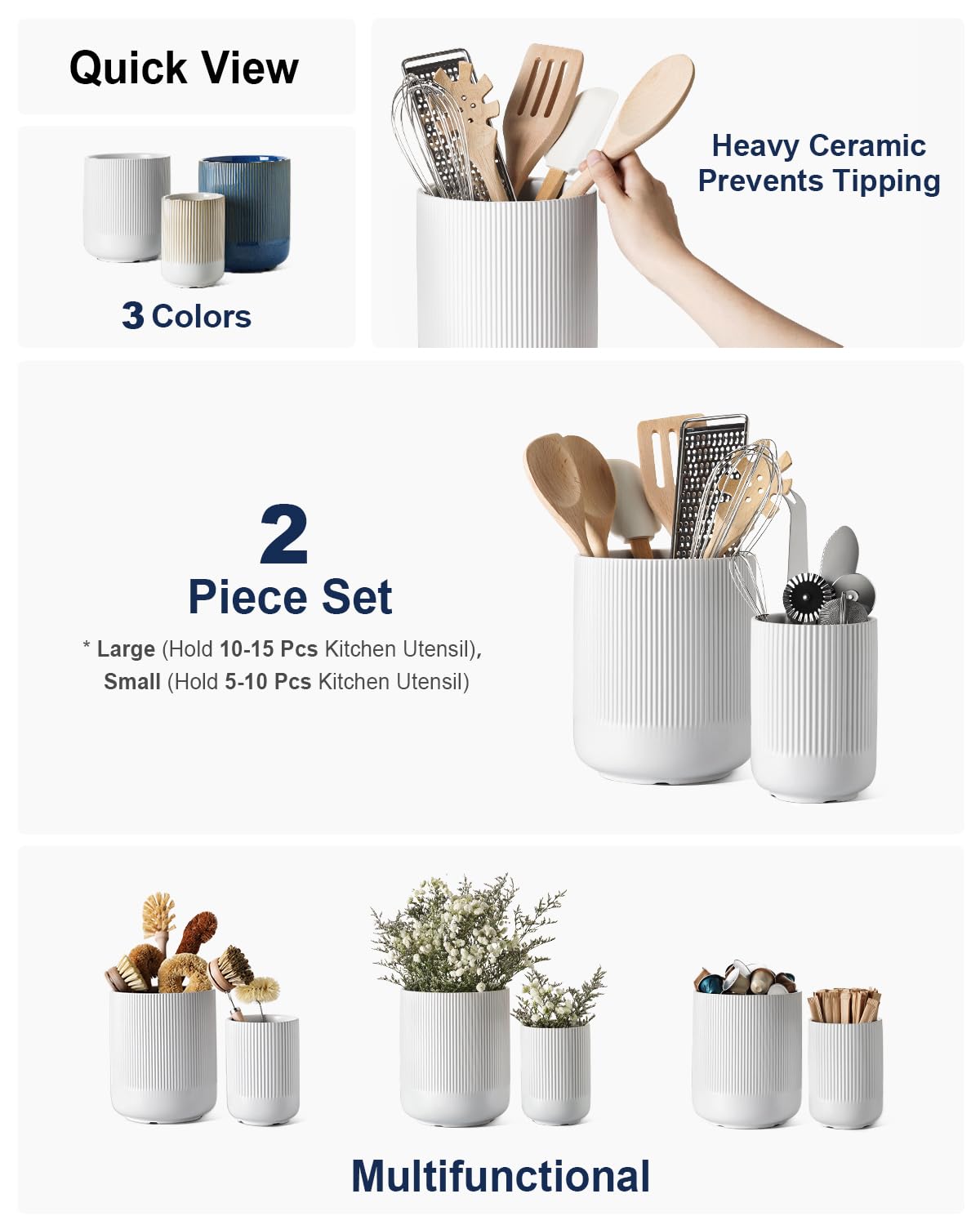 Set of 2 Utensil Holders, 7.3"+5.4" Ceramic Crocks for Kitchen, Cooking Organizer & Plant Pots, White Utensil Caddy