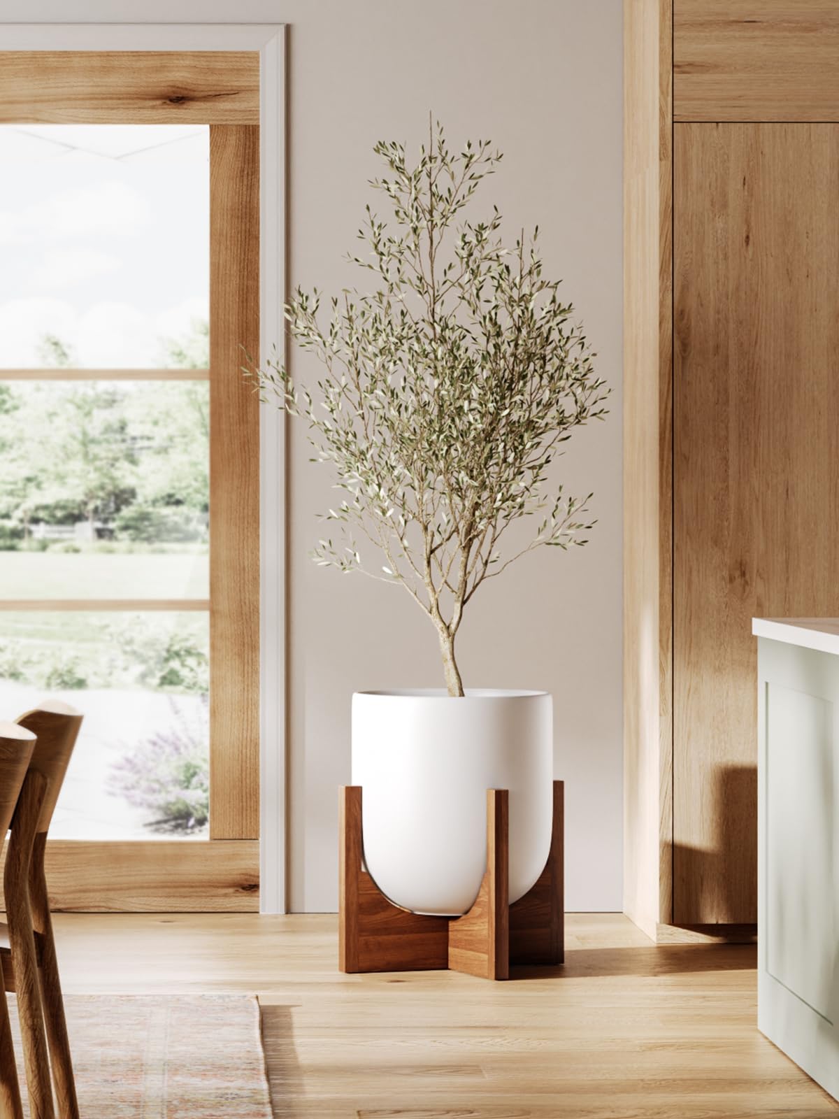 LE TAUCI 12 Inch Pots for Plants with Acacia Wood Stand, Ceramic Large Planters for Indoor Plants, Indoor Plant Pots for Office Living Room, Cylinder Pots for Plants with Drainage Hole and Plug, White