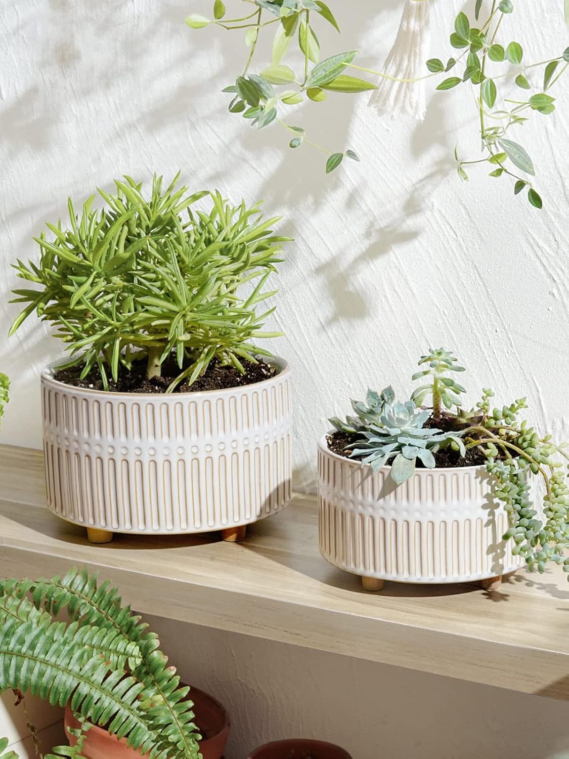 Succulent Pots, 6.5+8 Inch Ceramic Indoor Plant Pot with Drainage Hole, Modern Round Decorative Flower Pot, Gifts for Mom, Set of 2, Reactive Glaze White