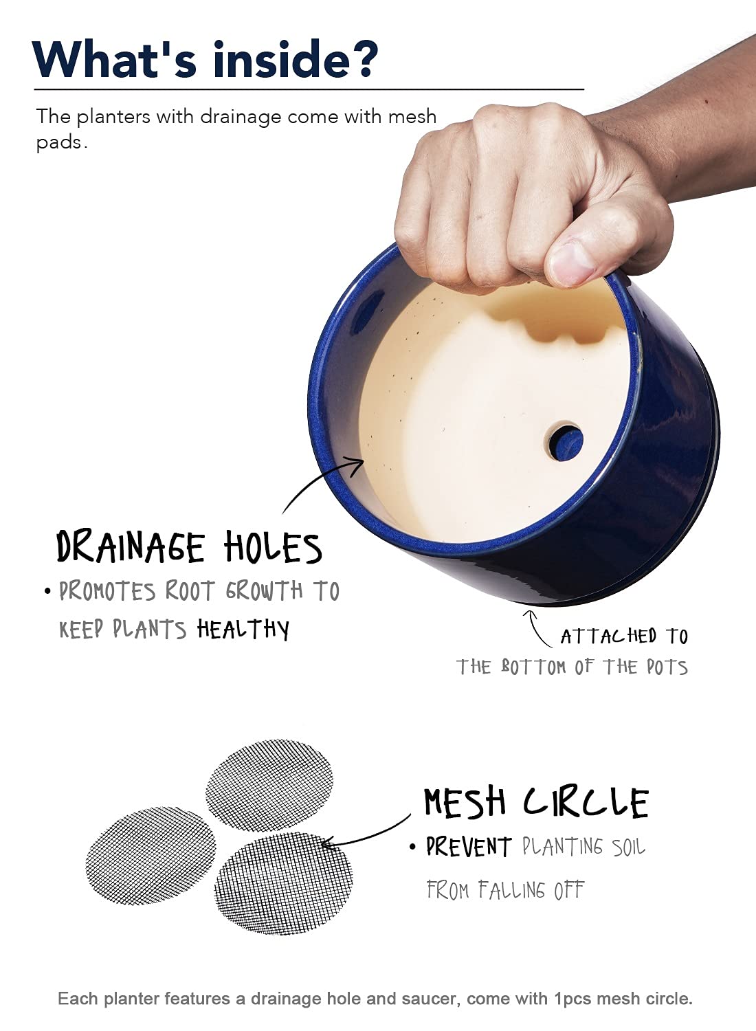 BEMAY Ceramic Plant Pots, 4.3"+5.3"+6.8" Flower Pots with Drainage Hole & Saucer, Pack of Three Planter, Sapphire Blue