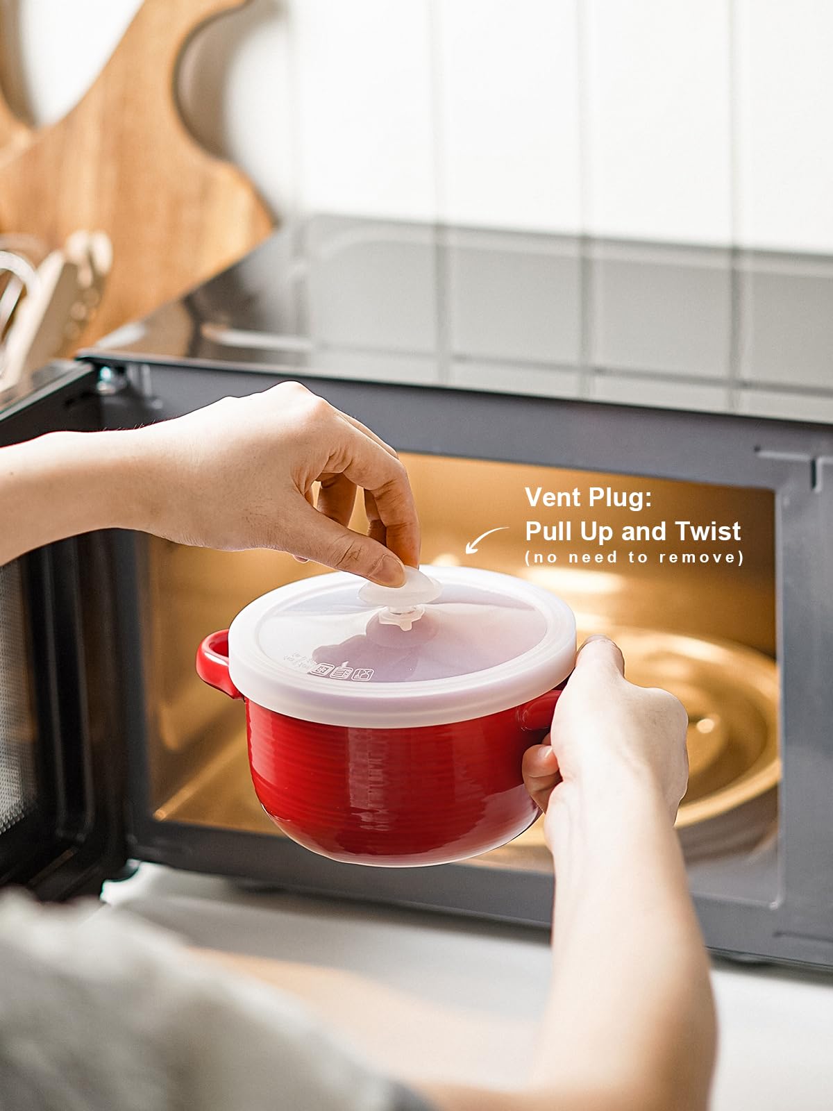 Red Ceramic Soup Bowls with Lids and Handles, 28 oz French Onion Soup Bowls Set of 2, Microwave Safe Bowls for Cereal, Chili, Stew and Leftovers