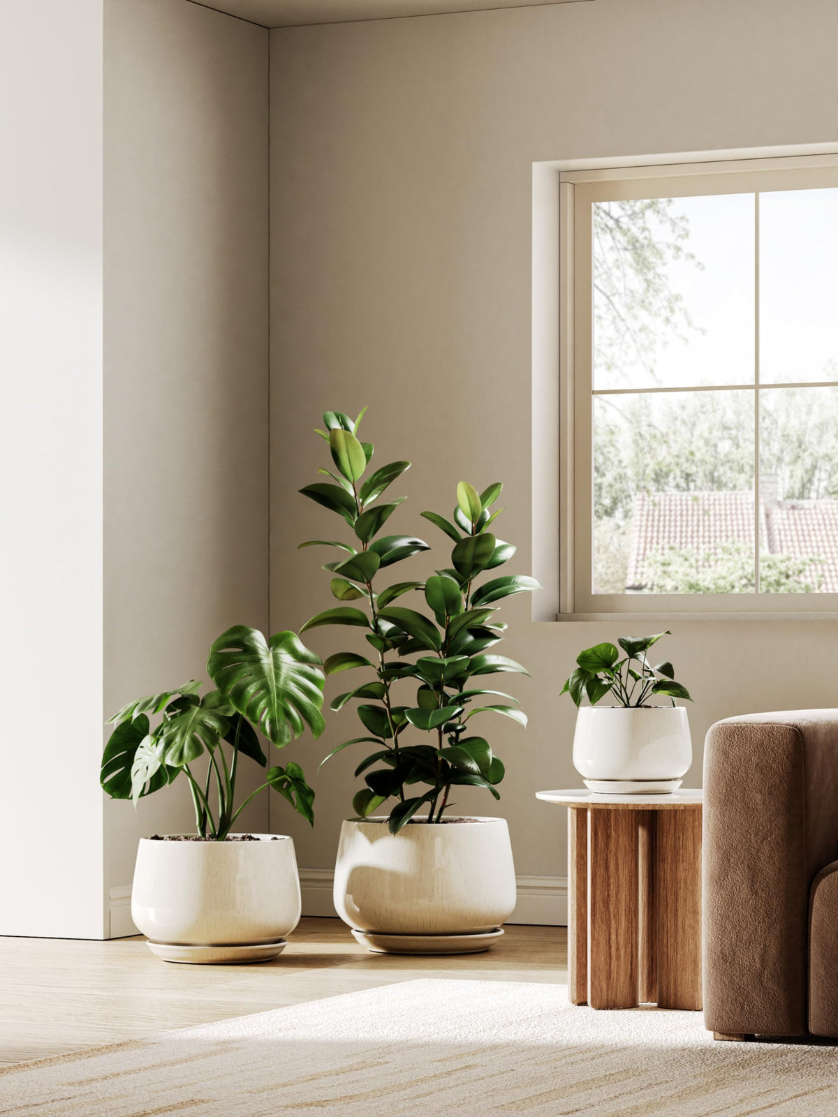 BEMAY 12" Ceramic Plant Pot with Drainage Hole and Saucer, Round Indoor Planter for Houseplants, Reactive Glaze Beige Pot for Plant