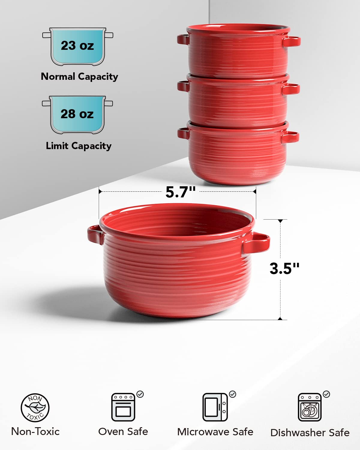 LE TAUCI 28 oz Ceramic Soup Bowls Set of 4, Red Oven Safe Bowls with Handles for French Onion Soup, Chili, Cereal and Baking