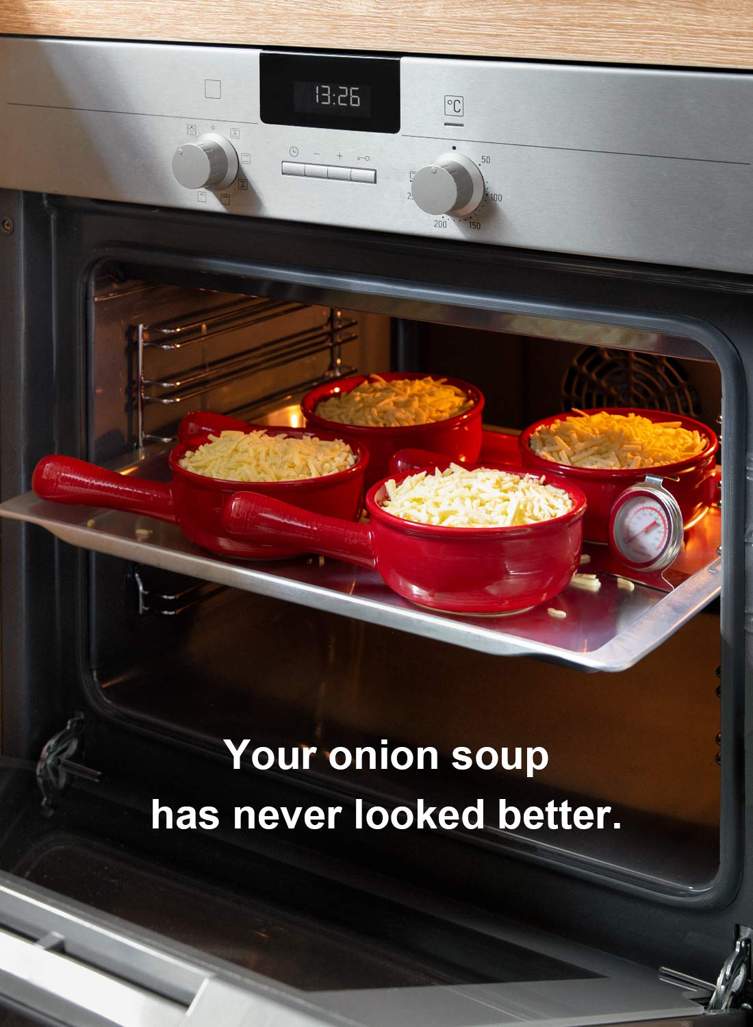French Onion Soup Bowls, 15 Ounce Ceramic Soup Bowls with Handles, for Chili, Beef Stew, Oven Microwave Dishwasher Safe, Set of 4, Red