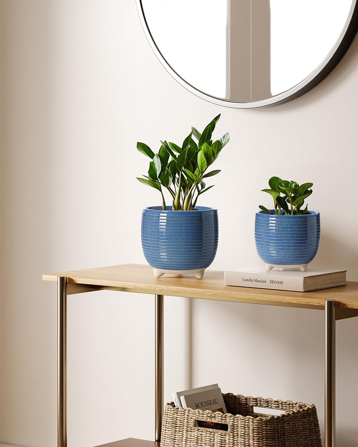 BEMAY Ceramic Flower Pots, 6.4"+5.1" Indoor Plant Pots with Drainage & Plug, Reactive Glaze Blue