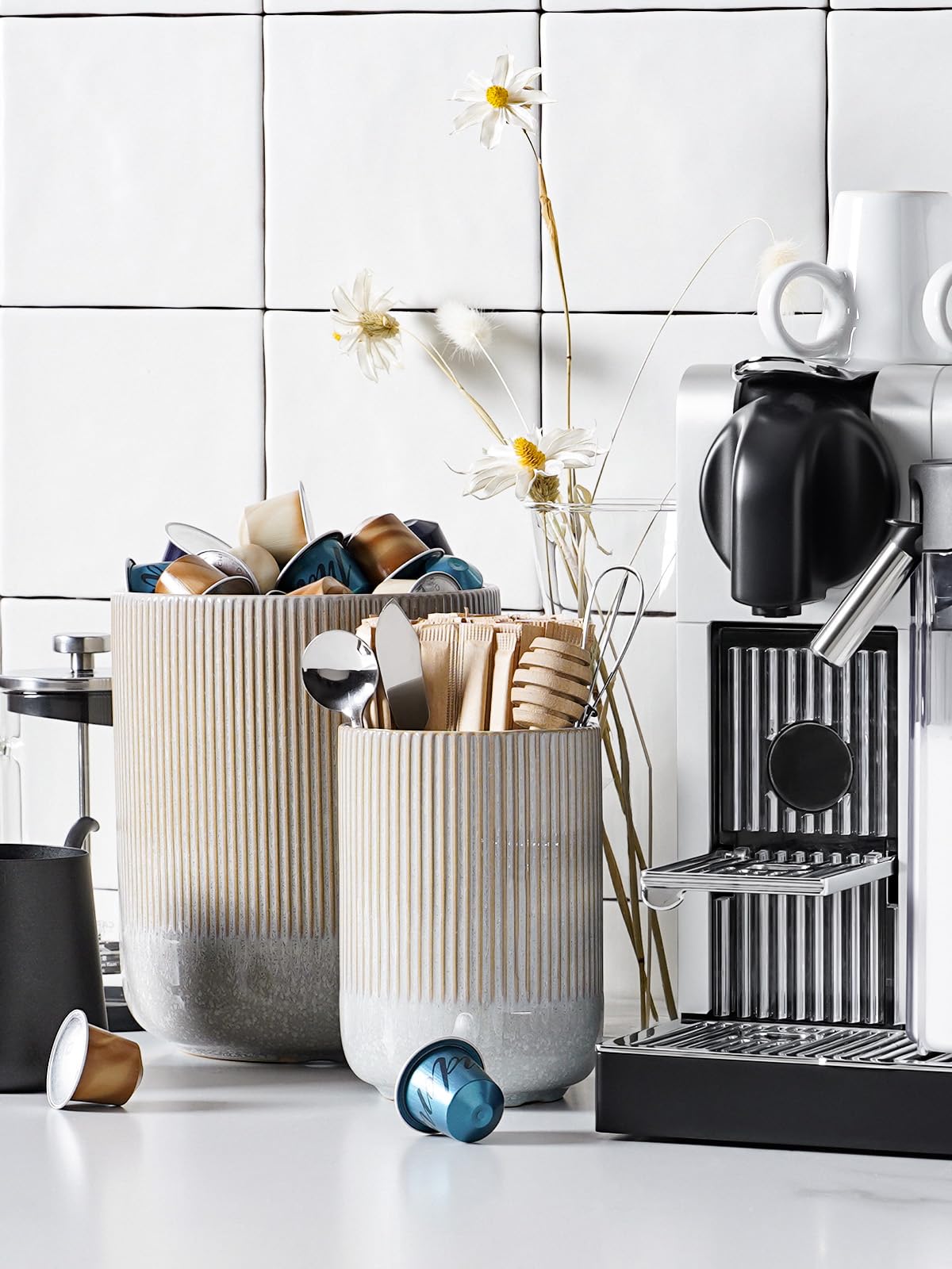 Set of 2 Utensil Holder, 7.3"+5.4" Ceramic Crocks for Kitchen, Cooking Organizer & Plant Pots