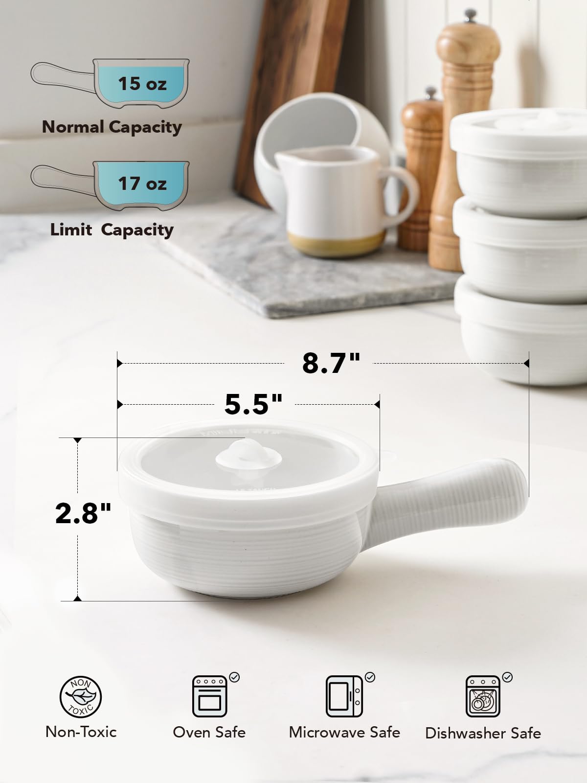 French Onion Soup Bowls with Handles,15 oz Ceramic Soup Crocks Set of 2, Oven Safe for Broiling, Perfect for Soup, Chili, Stew, Microwave & Dishwasher Safe,White