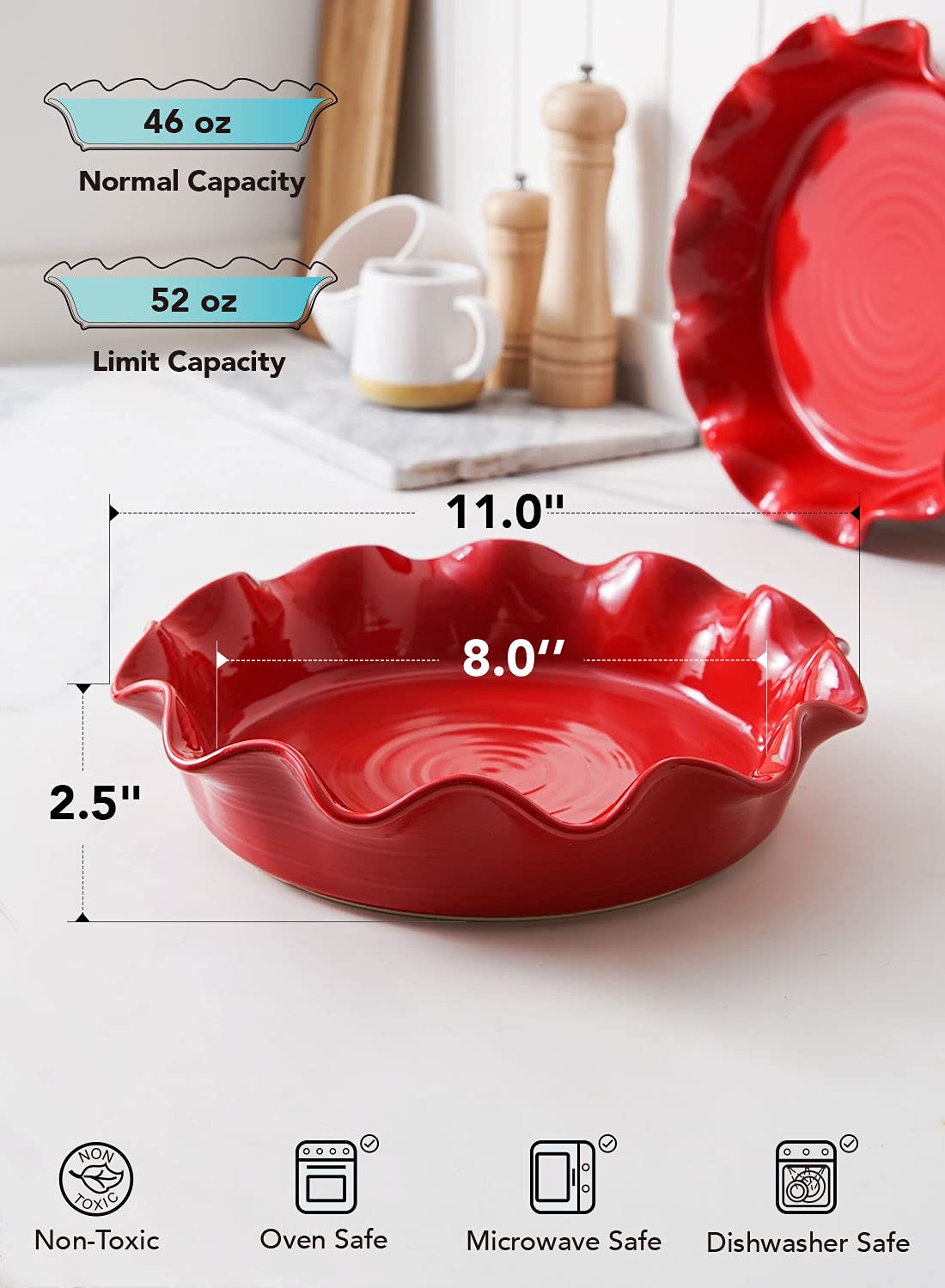 LE TAUCI Red Ceramic Pie Pans for Baking, Set of 2, 11 Inch Ruffled Deep Dish Pie Plates, Holiday Bakeware for Apple Pie, Tart and Quiche