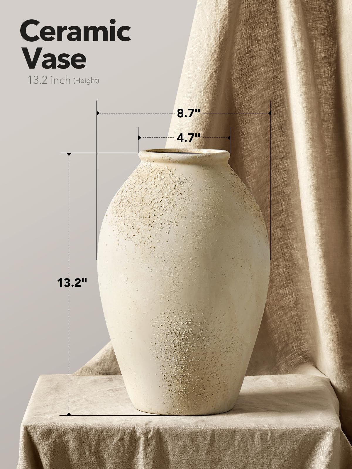 13.2 Inch Ceramic Vase, Tall Decorative Vase for Home Decor, Rustic Cream Beige Flower Vase for Living Room, Entryway, Mantel and Tabletop Decor