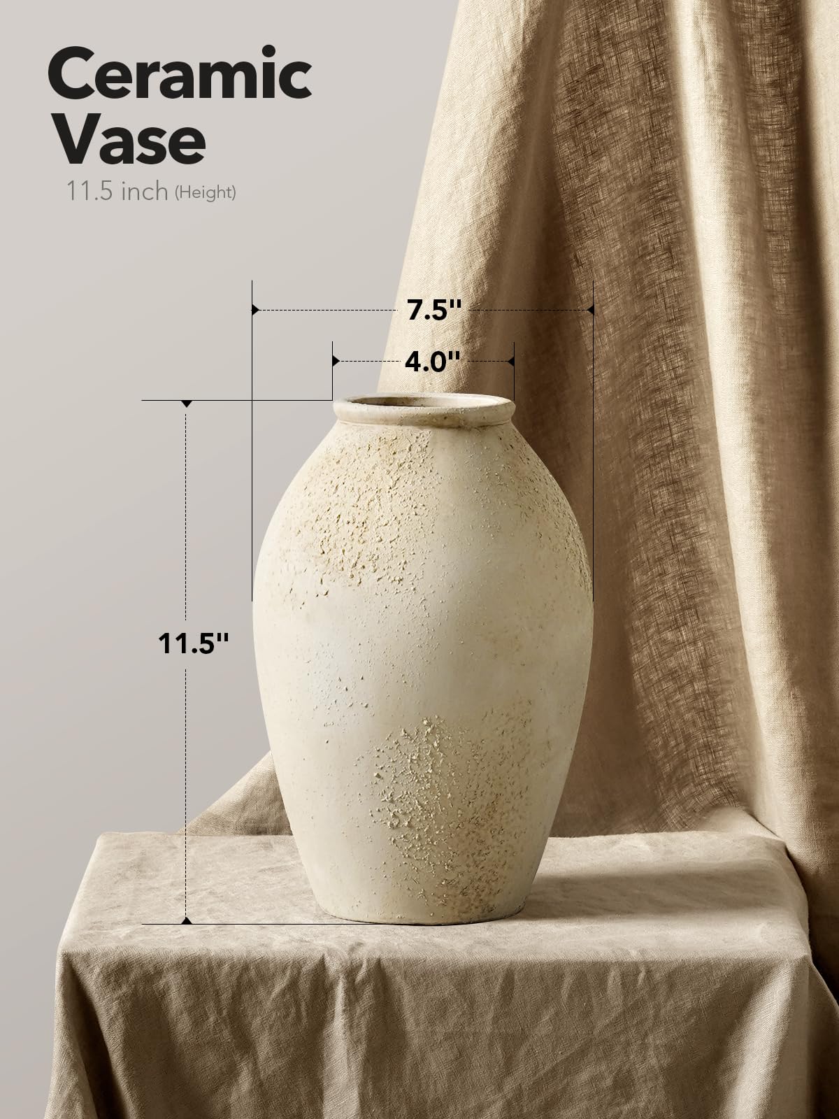 11.5 Inch Ceramic Vase, Decorative Flower Vase for Home Decor, Rustic Cream Beige Tabletop Vase for Living Room, Shelf, Mantel and Entryway