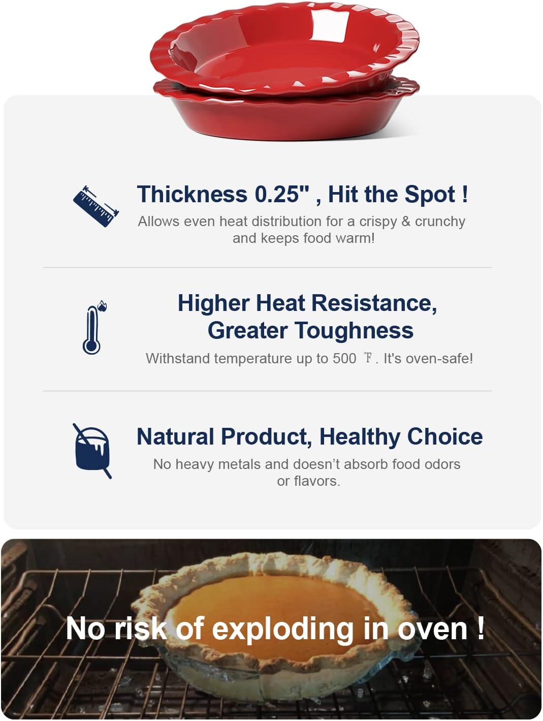 Ceramic Pie Pans for Baking, 9 Inches Pie Plate for Apple Pie, Pecan Pie, 36 Ounce Deep Dish Pie Pan, Set of 2, Red