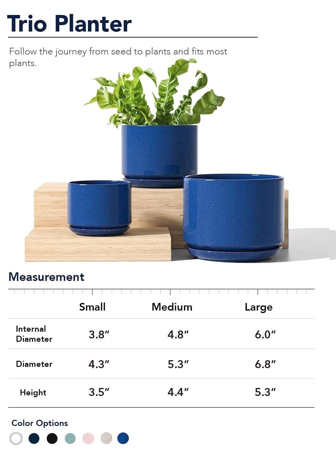 BEMAY Ceramic Plant Pots, 4.3"+5.3"+6.8" Flower Pots with Drainage Hole & Saucer, Pack of Three Planter, Sapphire Blue