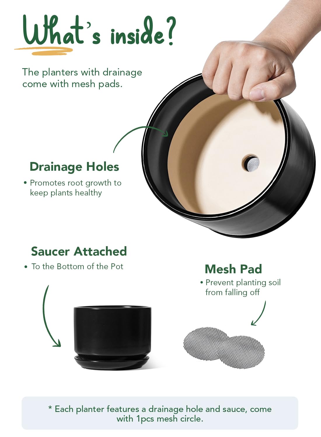 BEMAY 6.8" Ceramic Plant Pot with Drainage Hole and Attached Saucer, Black indoor Planter