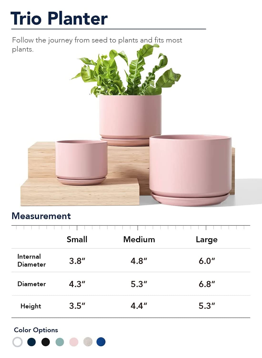 BEMAY Ceramic Planters, Set of 3 (4.3", 5.3", 6.8") Pink Flower Pots with Drainage Hole and Saucer Plant Pots for Home and Office Decor