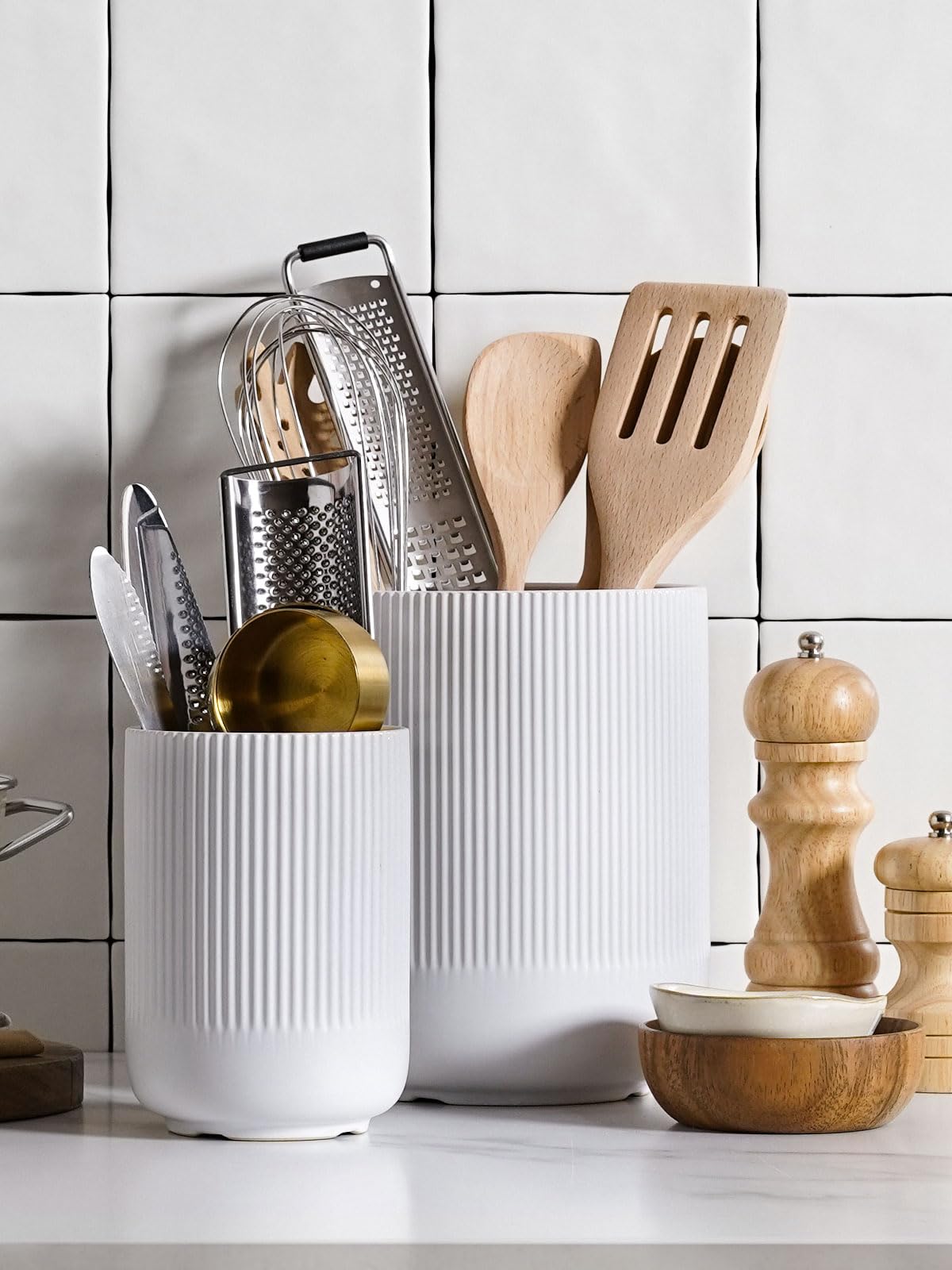 Set of 2 Utensil Holders, 7.3"+5.4" Ceramic Crocks for Kitchen, Cooking Organizer & Plant Pots, White Utensil Caddy