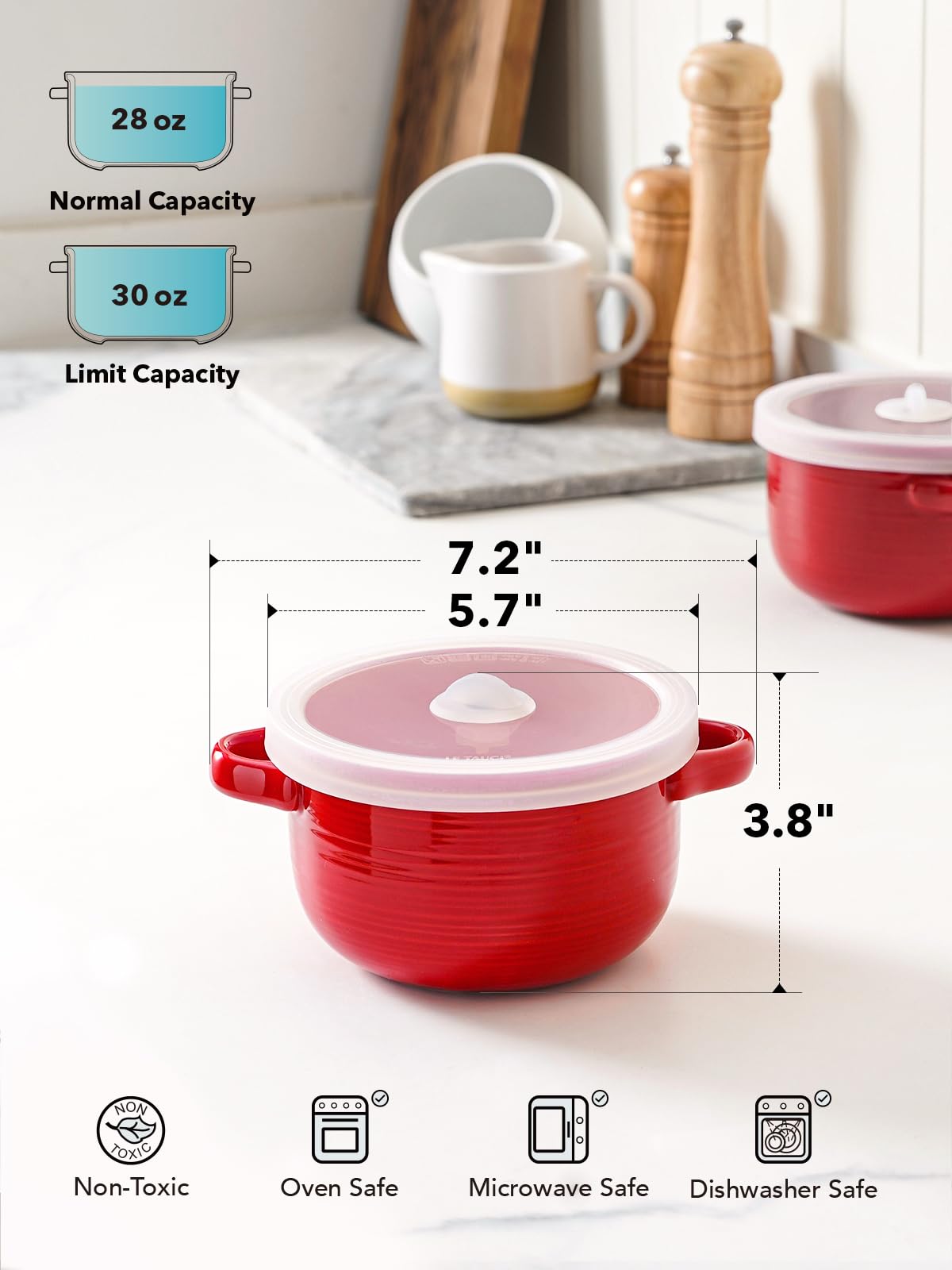 Red Ceramic Soup Bowls with Lids and Handles, 28 oz French Onion Soup Bowls Set of 4, Microwave Safe Bowls for Cereal, Chili, Stew and Leftovers