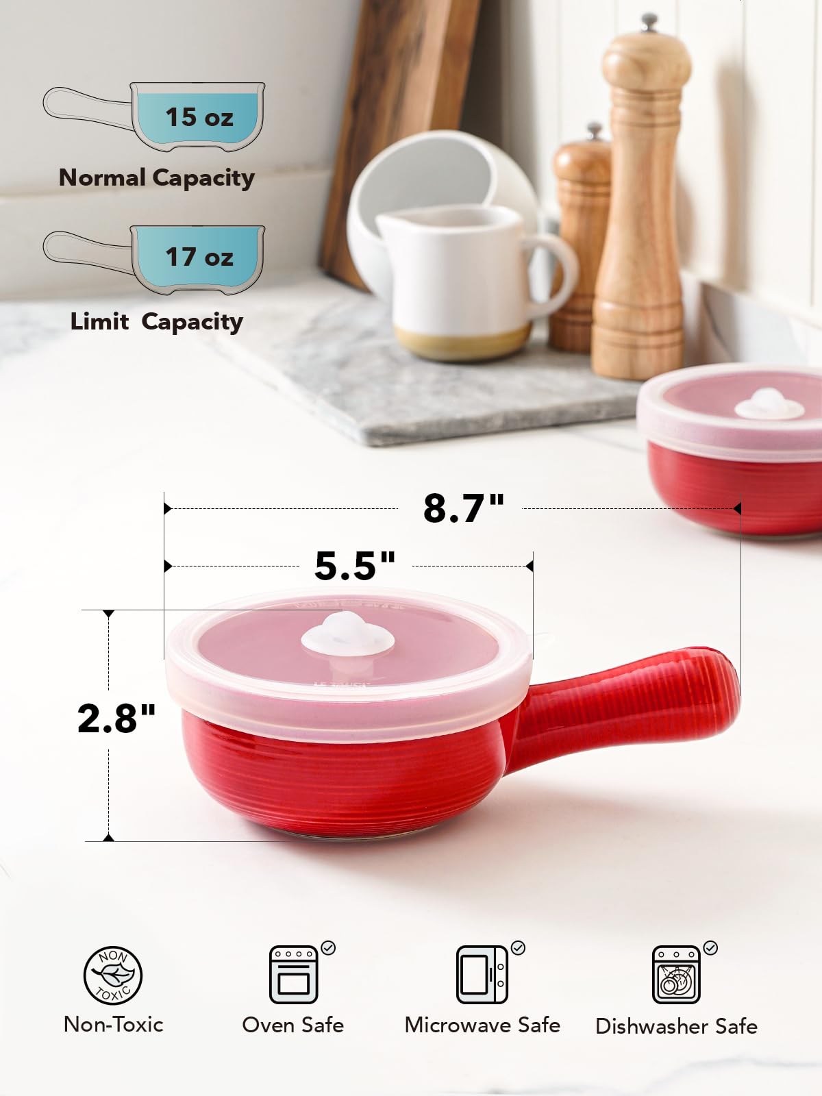 Red Ceramic Soup Bowls with Handles and Lids, 15 oz French Onion Soup Bowls Set of 2, Oven Safe Soup Crocks for Cereal, Chili, Stew and Leftovers