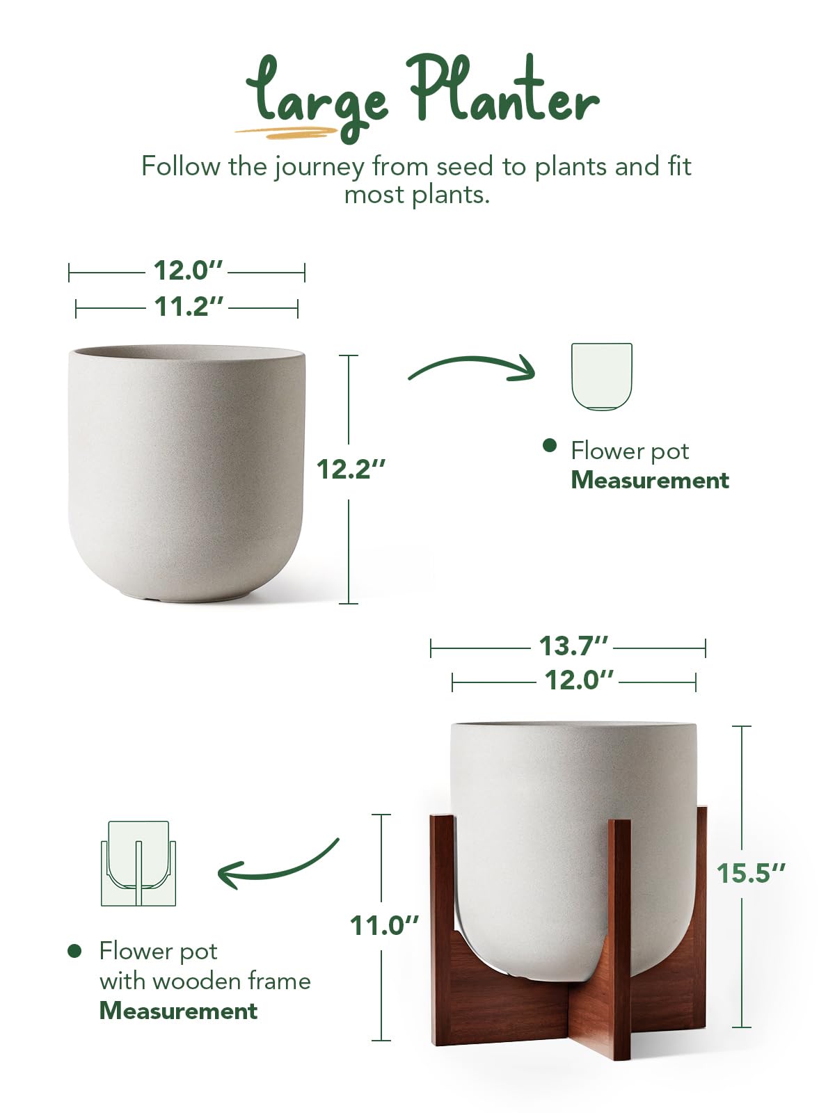 BEMAY 12 Inch Large Ceramic Planter with Wooden Stand, Indoor Modern Plant Pot with Drainage Hole, Mesh Pad & Silicone Plug, Floor Standing Flower Pot for Living Room, Bedroom, Entryway