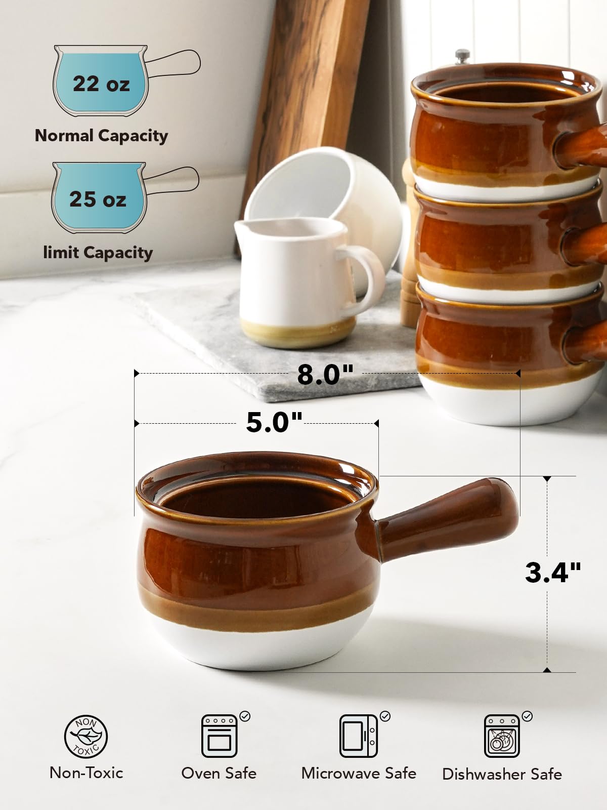 French Onion Soup Bowls, 22 Ounces Ceramic Soup Bowls with Handles for Soup, Cereal, Chilli, Beef Stew, Soup Crocks Oven Safe and Stackable, Set of 4