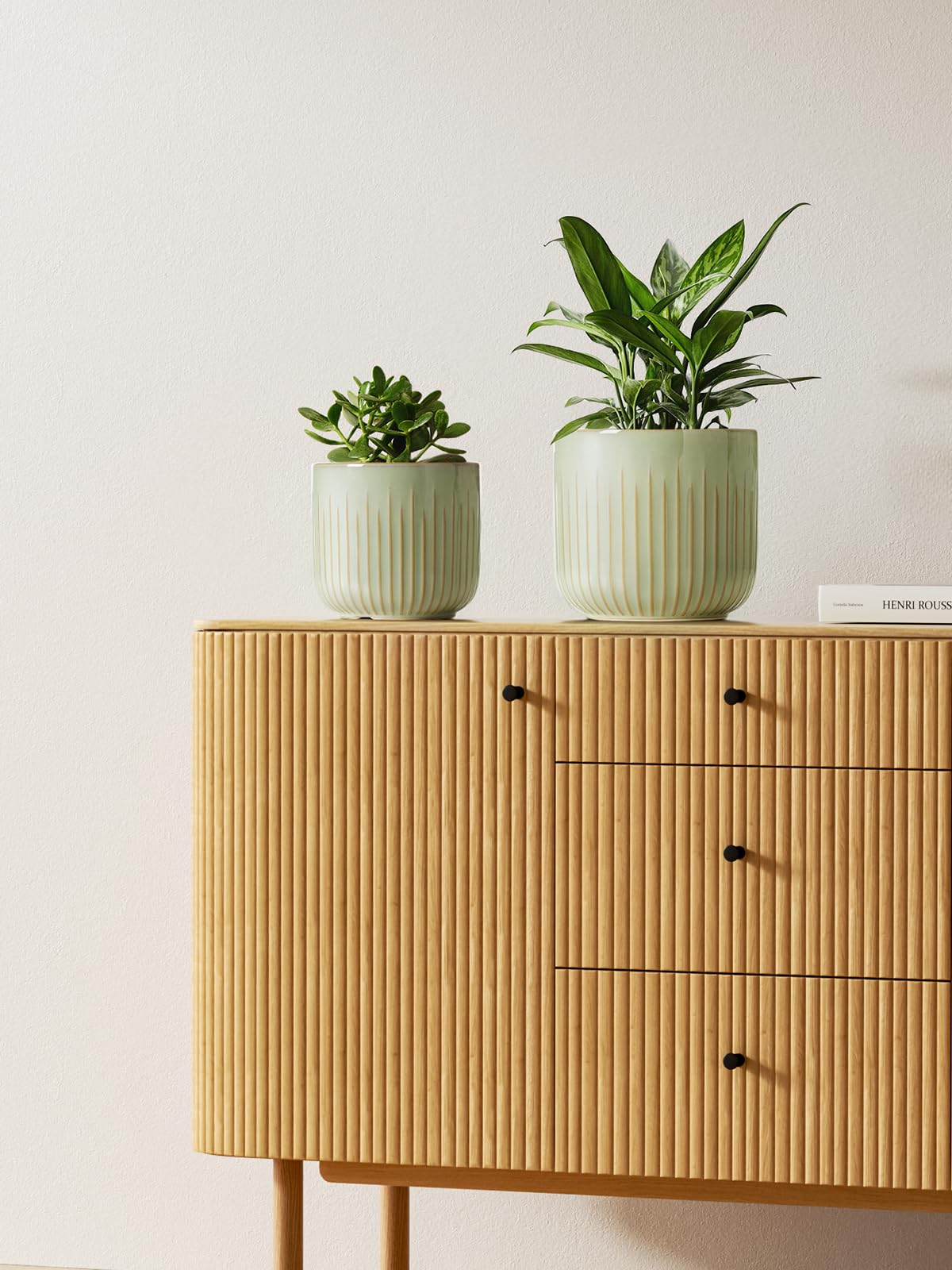 BEMAY Set of 3 Ceramic Plant Pots, 5.7 in, 6.9 in, 8.3 in Indoor Planters with Drainage Holes, Mesh Pads and Silicone Plugs, Sage Green